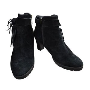 Sacha London Black Suede Tie Fringe Heeled Ankle Boots Side Zip Women Sz 9